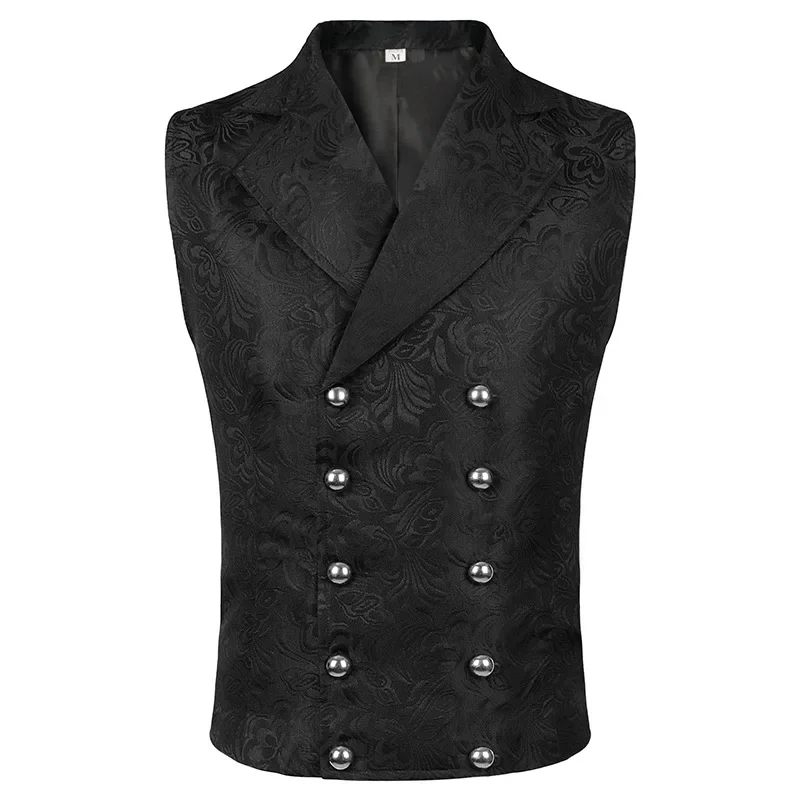 

Men Steampunk Gothic Medieval Jacquard Double Breasted Sleeveless Waistcoat Vintage Victorian Suit Vest Party Halloween Costumes