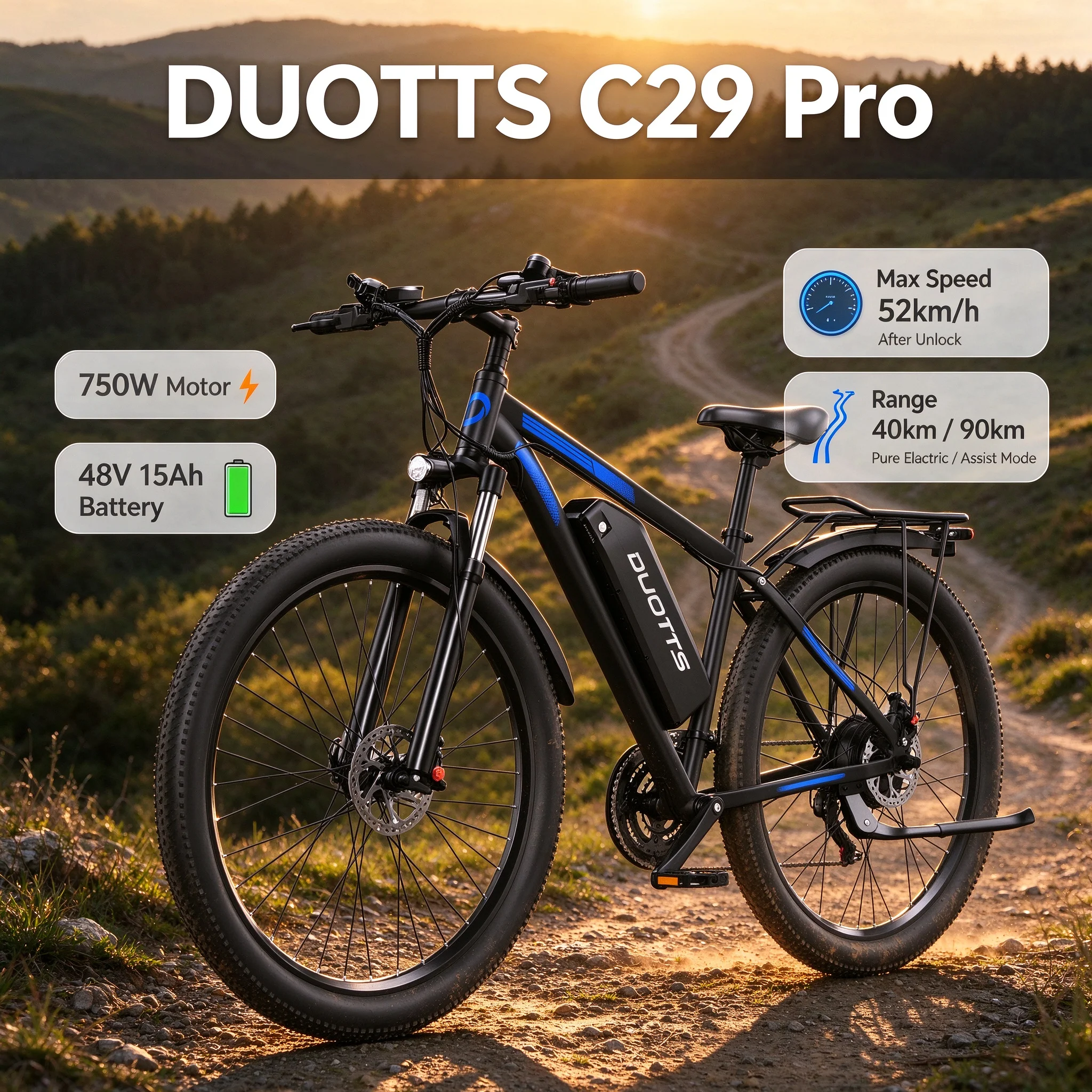 DUOTTS C29 PRO elektrische fiets, 750W, 48V 15Ah, maximale snelheid 50 km/u, elektrische mountainbike