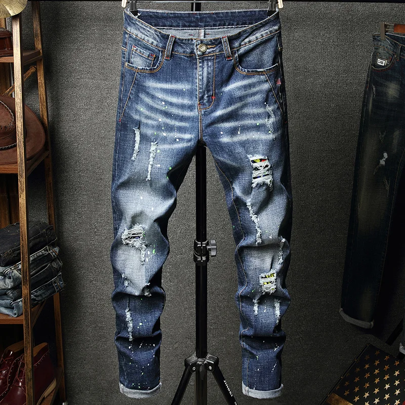 Trend Denim Jeans Hole Ruined Hip Hop High Street Slim Design Brand Patch Casual Men's Pants