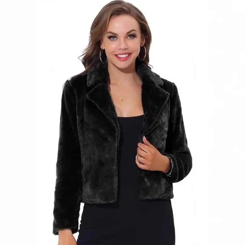 Women Faux Fur Cropped Jacket Lapel Collar Long Sleeve Open Front Soft Fluffy Warm Winter Short Coat Casual Daily Outerwear Tops