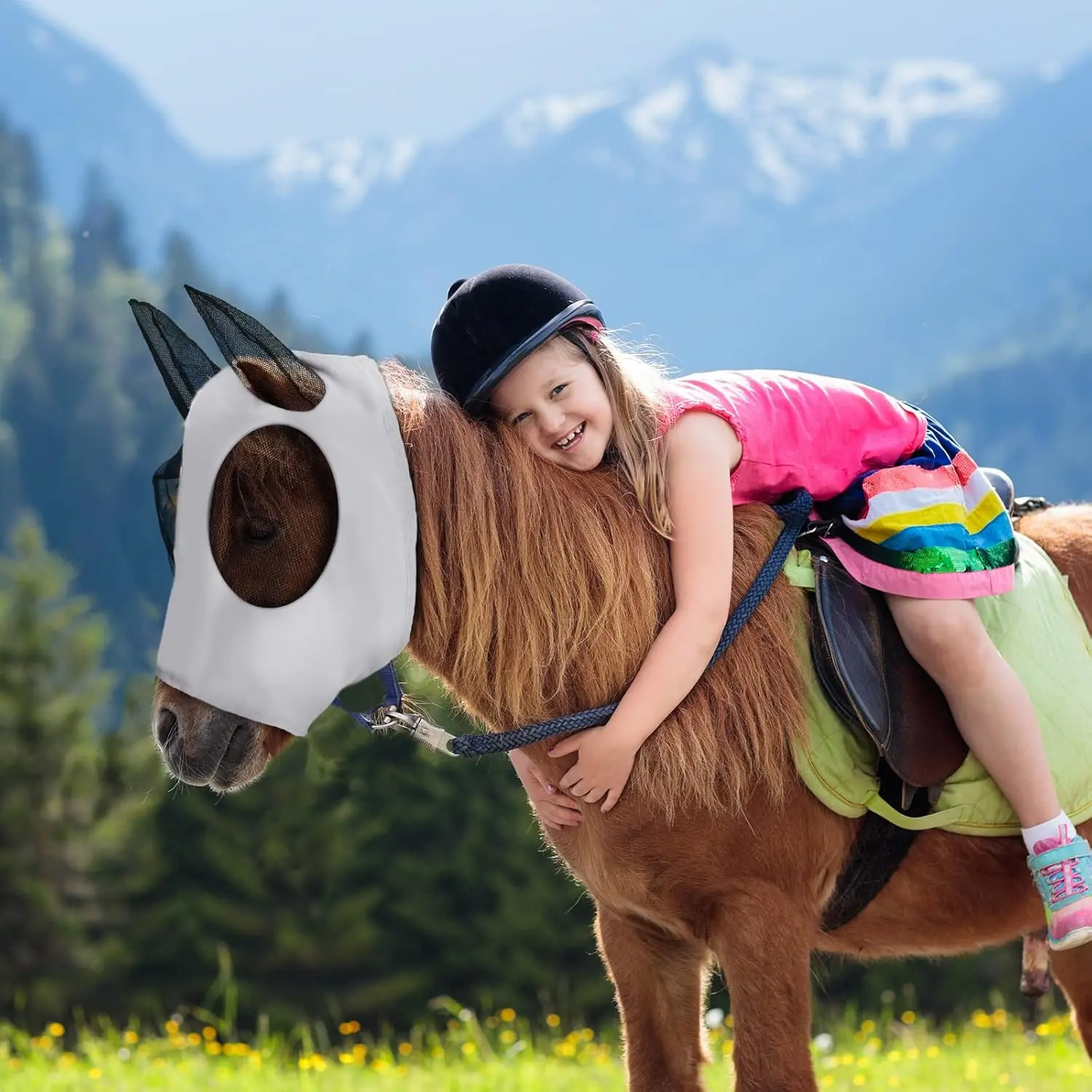 Horse Fly Mask with Ears Lycra Stretchy UV Protection Full Face Mask Anti-Mosquito Breathable Mesh Equine Summer Protection