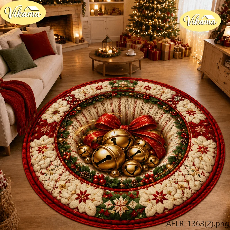 VIKAMA Snowflake & Snow Christmas Flannel Round Rug, Non-Slip Washable Xmas Mat for Living Room Bedroom Nursery Kids Room