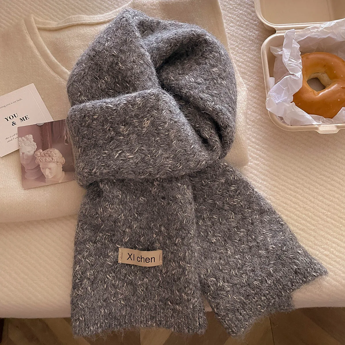 Ladies Speckled Yarn Knitted Shawl Soft Warm Cozy Neck Scarf Mixed Color Dot Texture Design Versatile Winter Neck Wrap