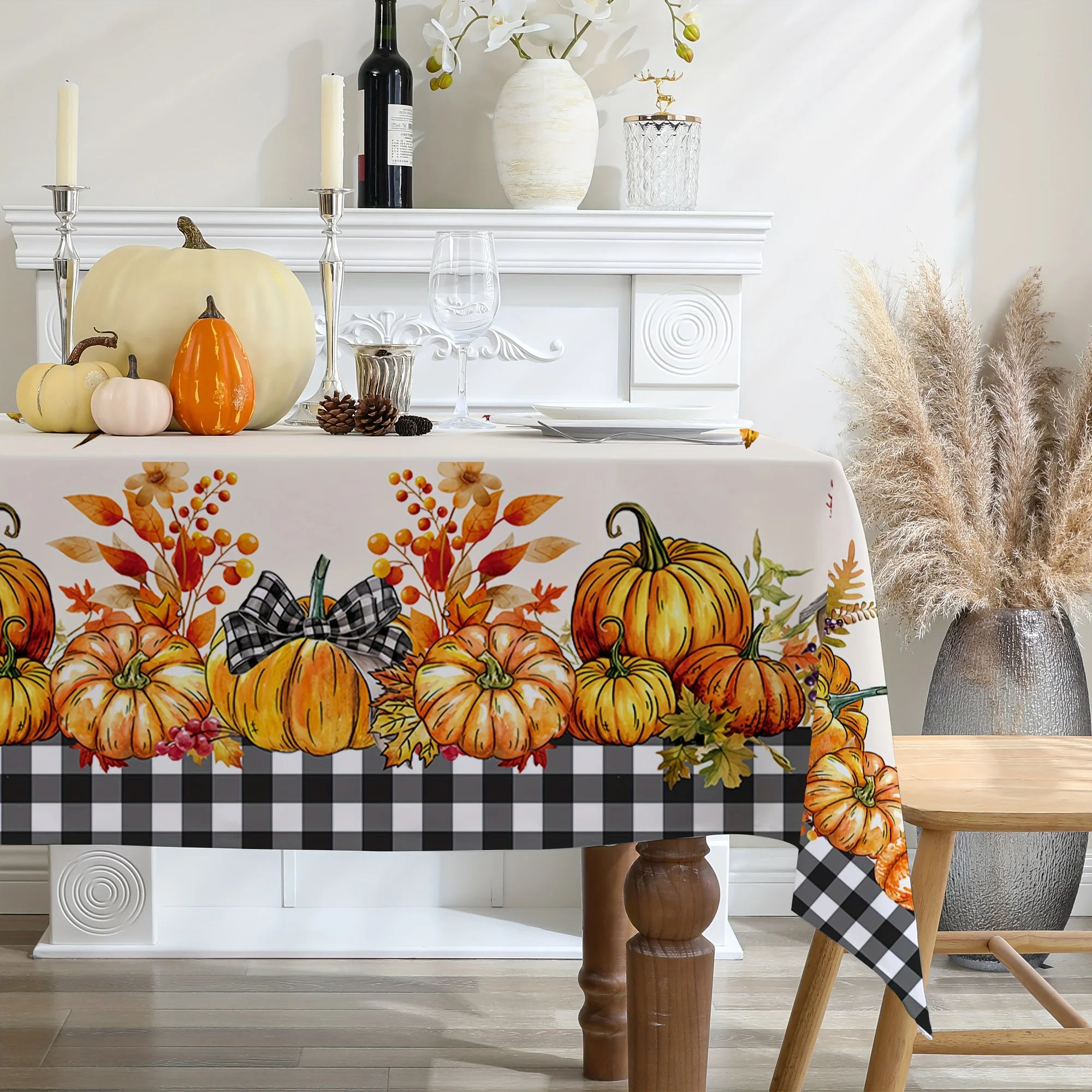 Fall Thanksgiving Rectangle Tablecloth for Table Decor Autumn Pumpkin Maple Leaves Plaid Kitchen Dining Table Cloth Autumn Decor