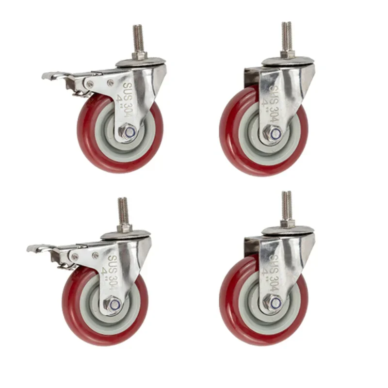 4pcs 5inch Medium304 Stainless Steel Polyurethane Caster mute No Rust Silent Wheel Rigid Swivel Brake Wheel Industrial Casters