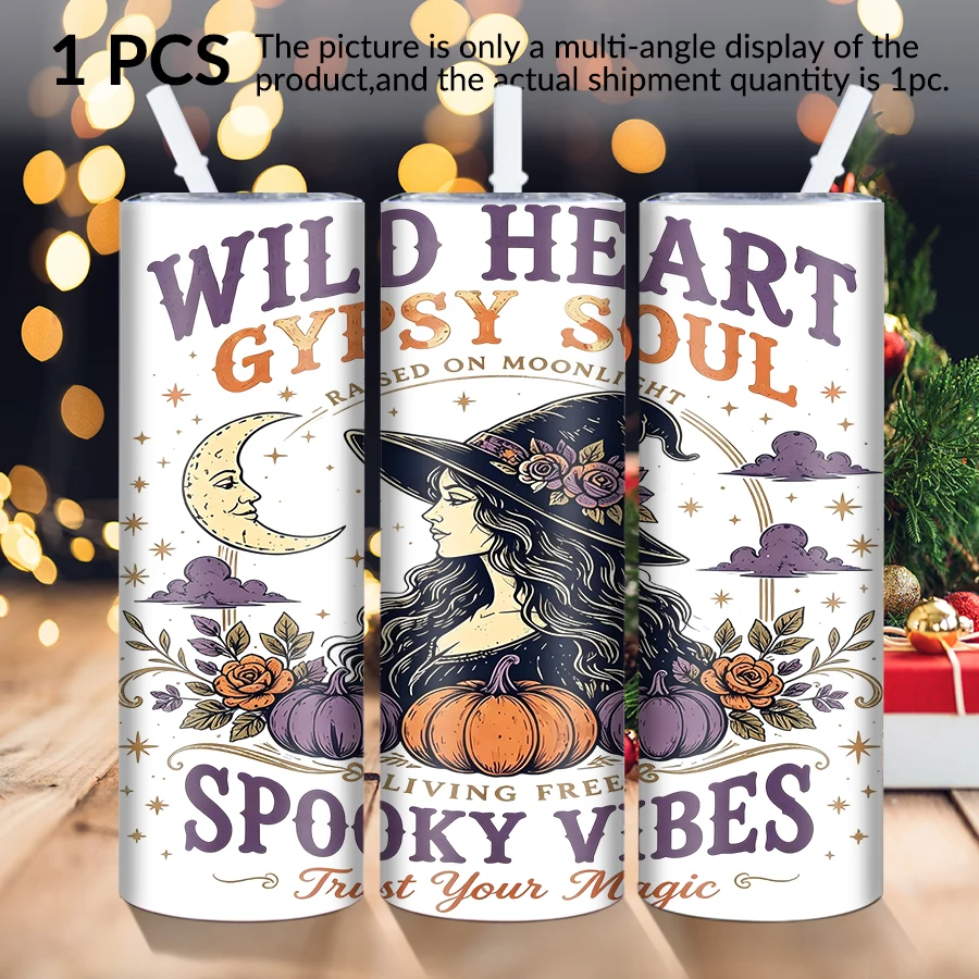 1pc 20Oz stainless steel straight cup with straw cover Christmas witch element is suitable for Christmas and Halloween as a gift