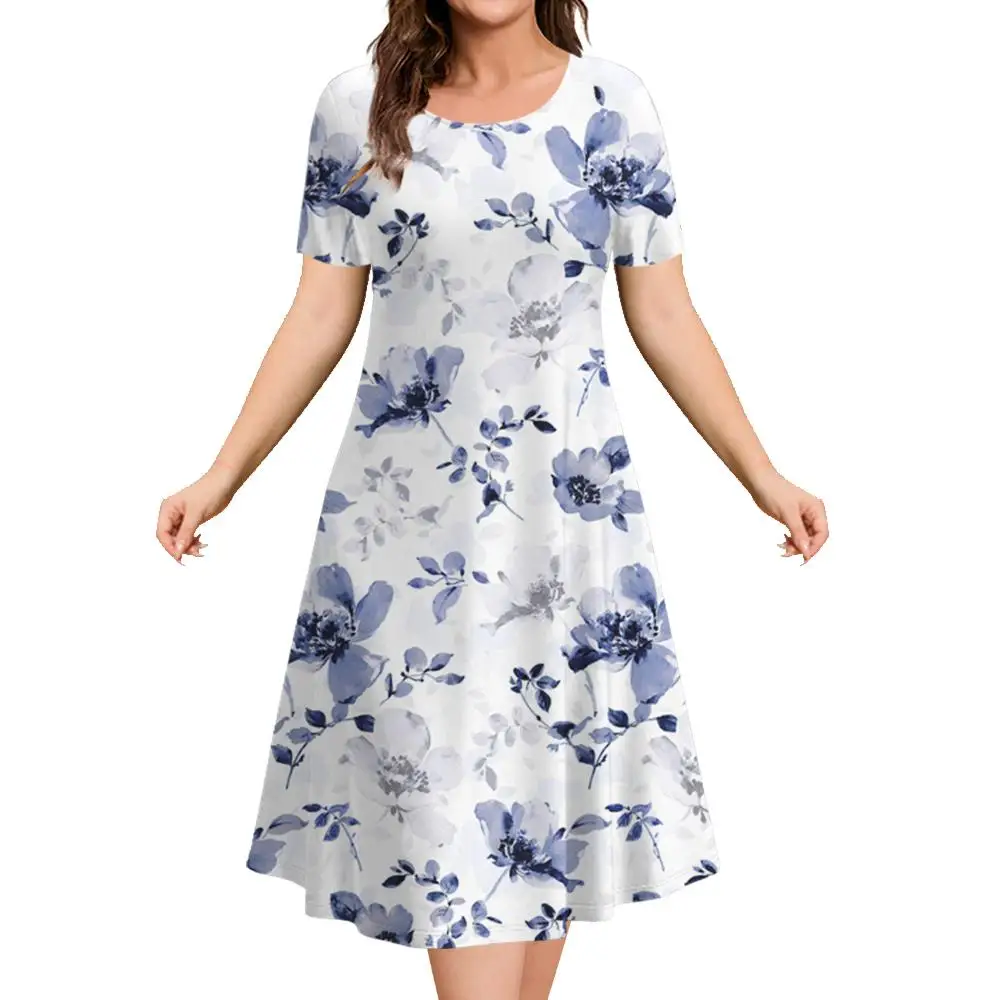 Saia em linha A estampada de flores femininas, pulôver com o pescoço, roupas grandes, casual para férias, elegante, verão, 2024