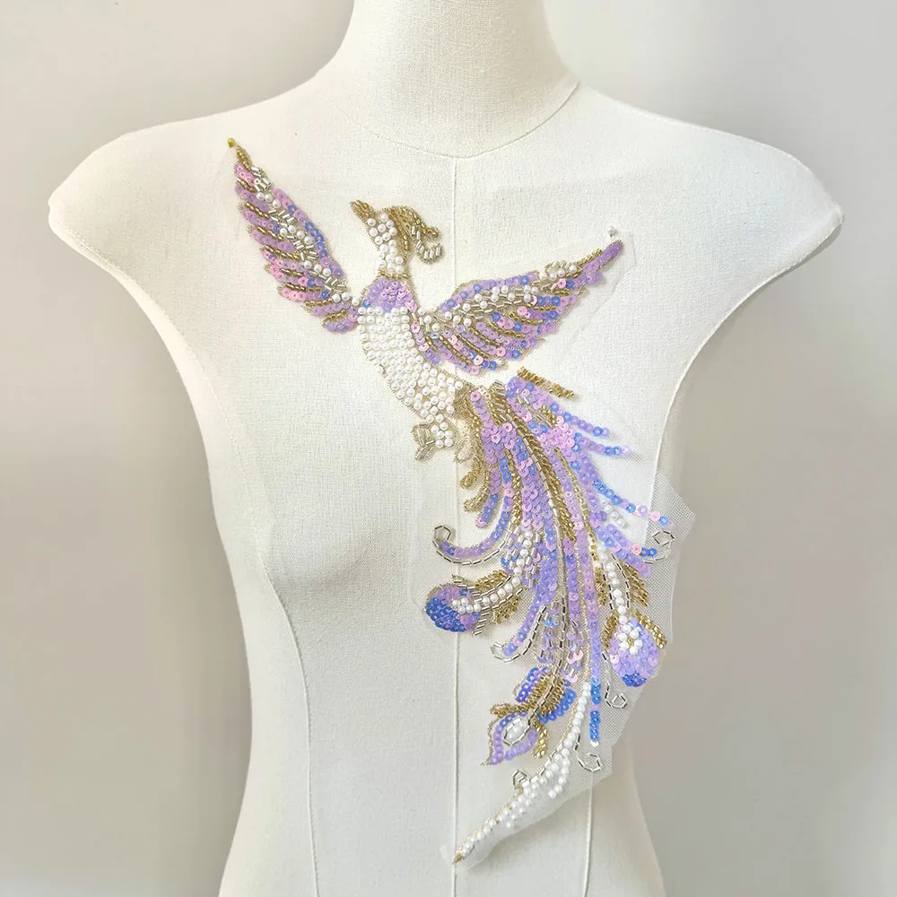 1Pair Iridescent Phoenix Sequin Beaded Embroidery Applique For Evening Dress DIY Sewing