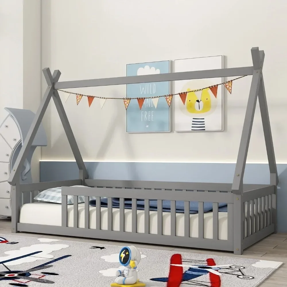 

Twin Size House Floor Bed, Wood Montessori Bed Frame with Fence Guardrails, House Beds for Toddler Kids Girls Boys