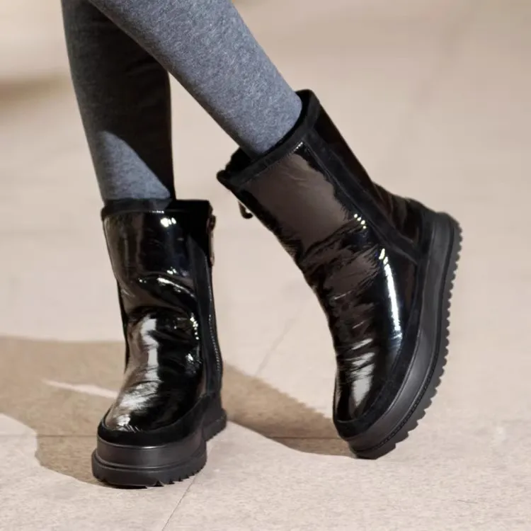 الفضة جلد البقر الفراء قطعة واحدة أحذية الثلوج الدافئة الصوف الفراء كعكة منصة سميكة وحيد جولة تو المرأة أزياء الشتاء الجوارب