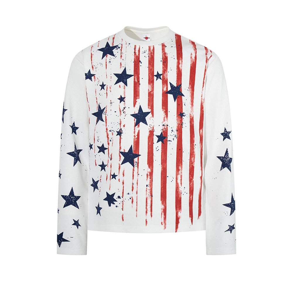 Contrast Color Stars Strip Long Sleeve Tshirts for Men and Women Crew Neck Patchwork Cotton Autumn Breathable Top Tees Oversized