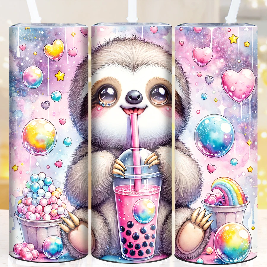 20oz Skinny Straight Tumblers Straw Lid 3D Print Cute Party Dog & Milk Tea Party Coffee Mug Stainless Insulated Cup Party Gifts