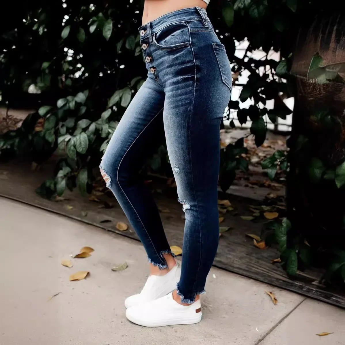 

Облегающие удобные женские летние эластичные рваные брюки со средней талией, узкие джинсы, джинсовые брюки