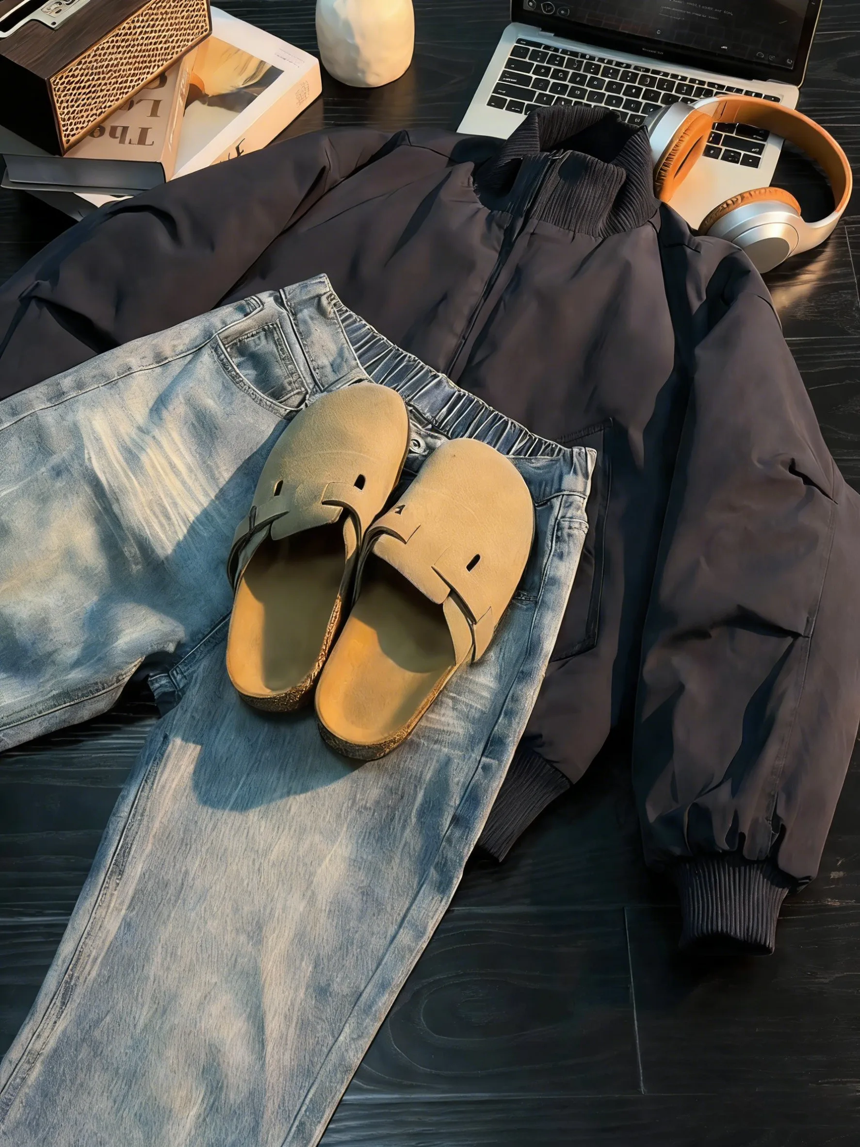 

Мужская зимняя куртка-бомбер из хлопка с джинсовым комплектом, молодежная модная теплая куртка с длинными рукавами и воротником-стойкой