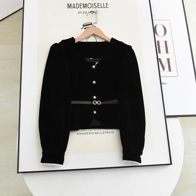 

Slim Fit ort Velvet Top Square Collar Hepburn Sle Domestic D Waist Belt Autumn New Arrival Women's Faion Outerwear