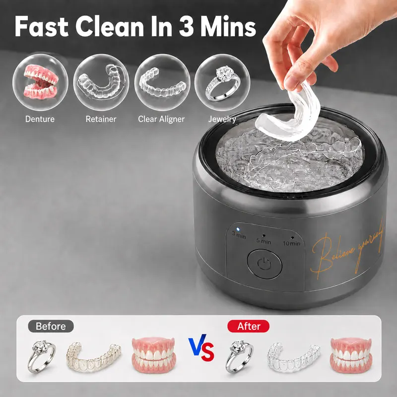 50kHz USB Rechargeable Ultrasonic Cleaner for Braces, Retainers, Dentures and Jewelry, Multipurpose Cleaning Device