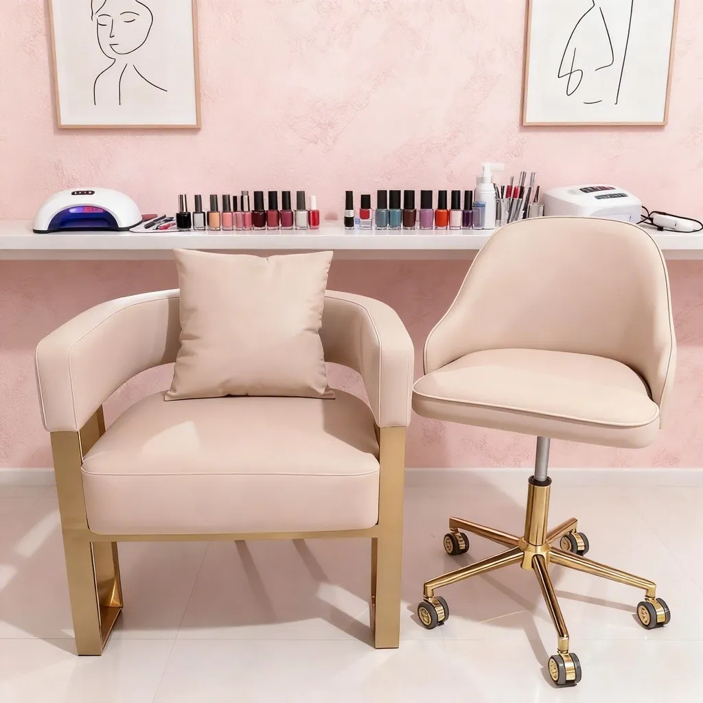 Deluxe ergonomic client chair, curved backrest, custom colors, sturdy metal base, high-end salon furniture