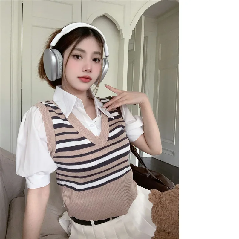 Two-piece Patchwork POL0 Neck Knitted T-shirt Women's T-shirt Summer New Contrasting Stripes Stylish Slim Fit Bubble Sleeve