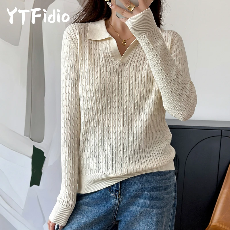 YTFidio 100% Cotton Women POLO Collar Twisted Flower Pullover Sweater Luxury Designer Clothing Plus Size Clearance Sale 390