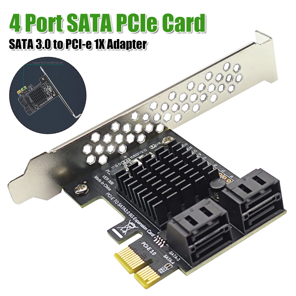 

Контроллер SATA 3.0 на 4 порта PCIe 1X, адаптер SATA 3.0 на PCI Express 1X 6 Гбит/с с LED-индикацией, горячая замена, ASM1064, полукорпус