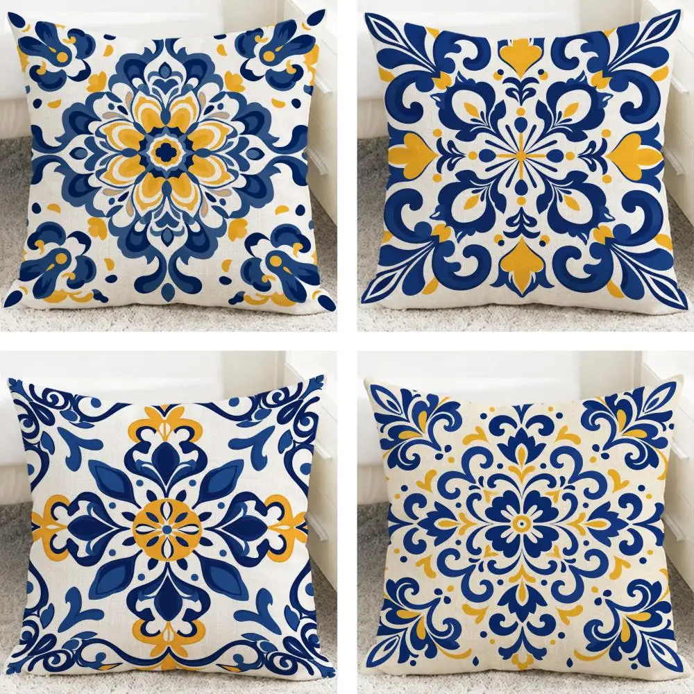 Mediterranean Tile Portuguese Azulejo Style Cushion Cover Cushion Covers Natural Linen Breathable Sofa Bedroom Decor Pillowcase