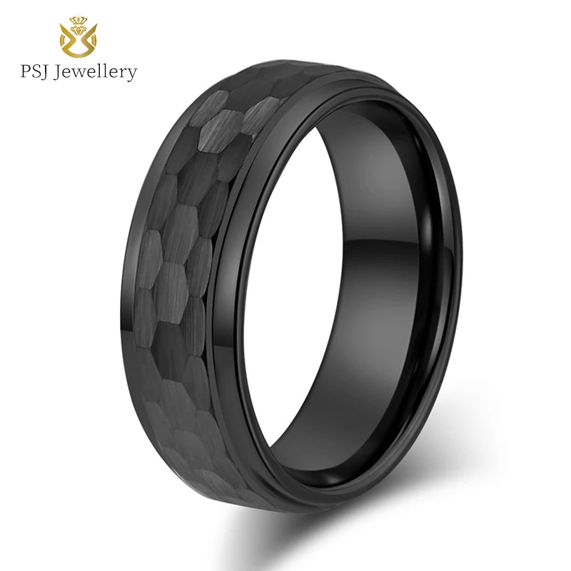 PSJ Fashion Minimalist Jewelry 8MM Silver / Gold / Black Plated Hammered Tungsten Carbide Wedding Rings for Men