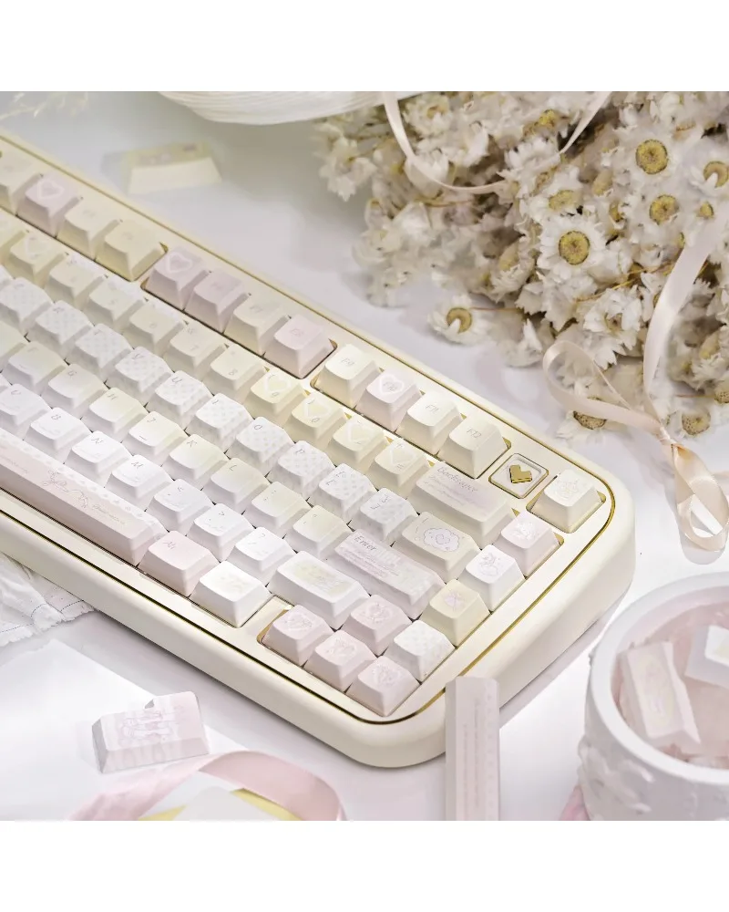 Beige and pink color block pbt dye sub keycaps full set oem profile for mechanical keyboards