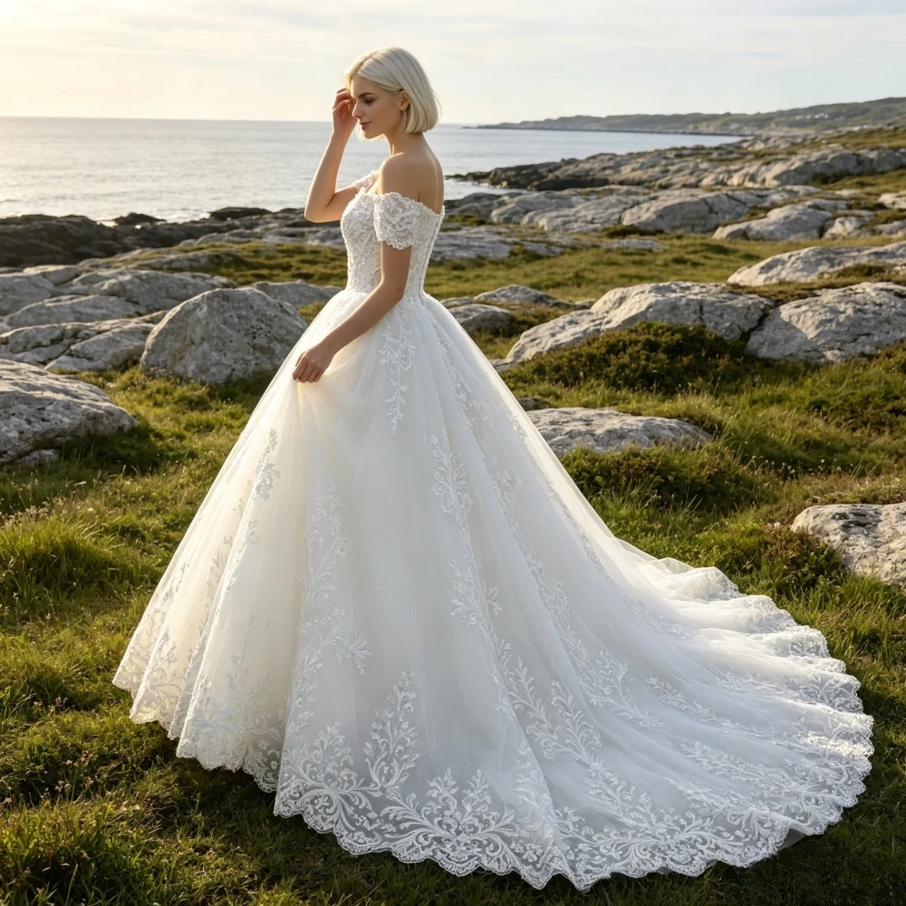 Customized Off Shoulder Lace Bridal Gown 2026 New Luxury Sweet Neckline Cathedral Trailing and Floor Skirt Suitable for Weddings