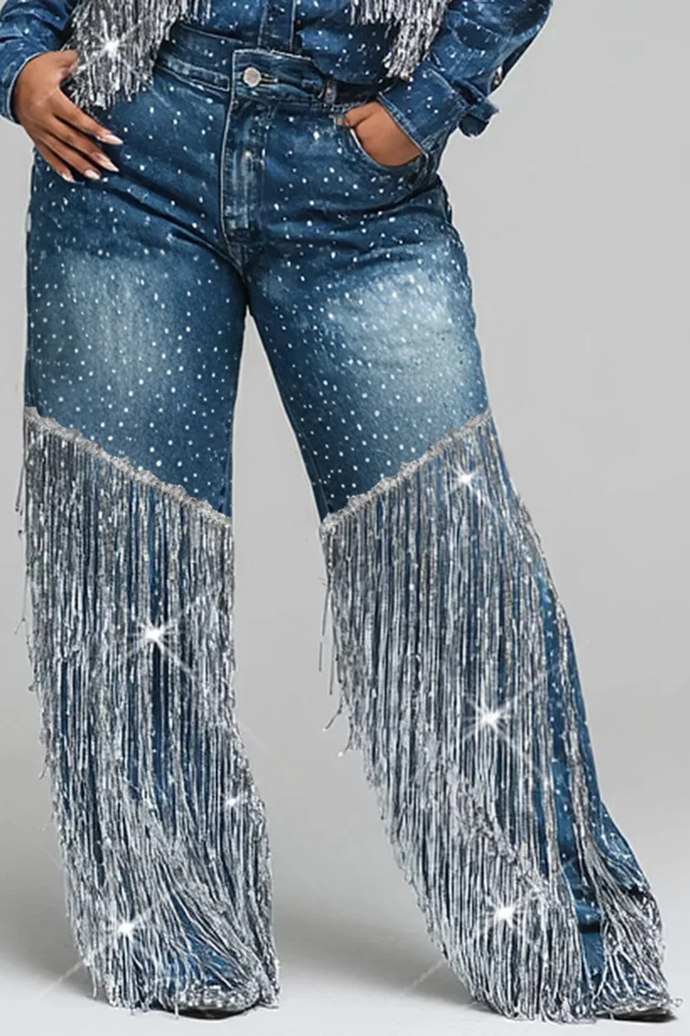 Plus Size Festival Blue Strappy Casual Pocket Denim Jeans