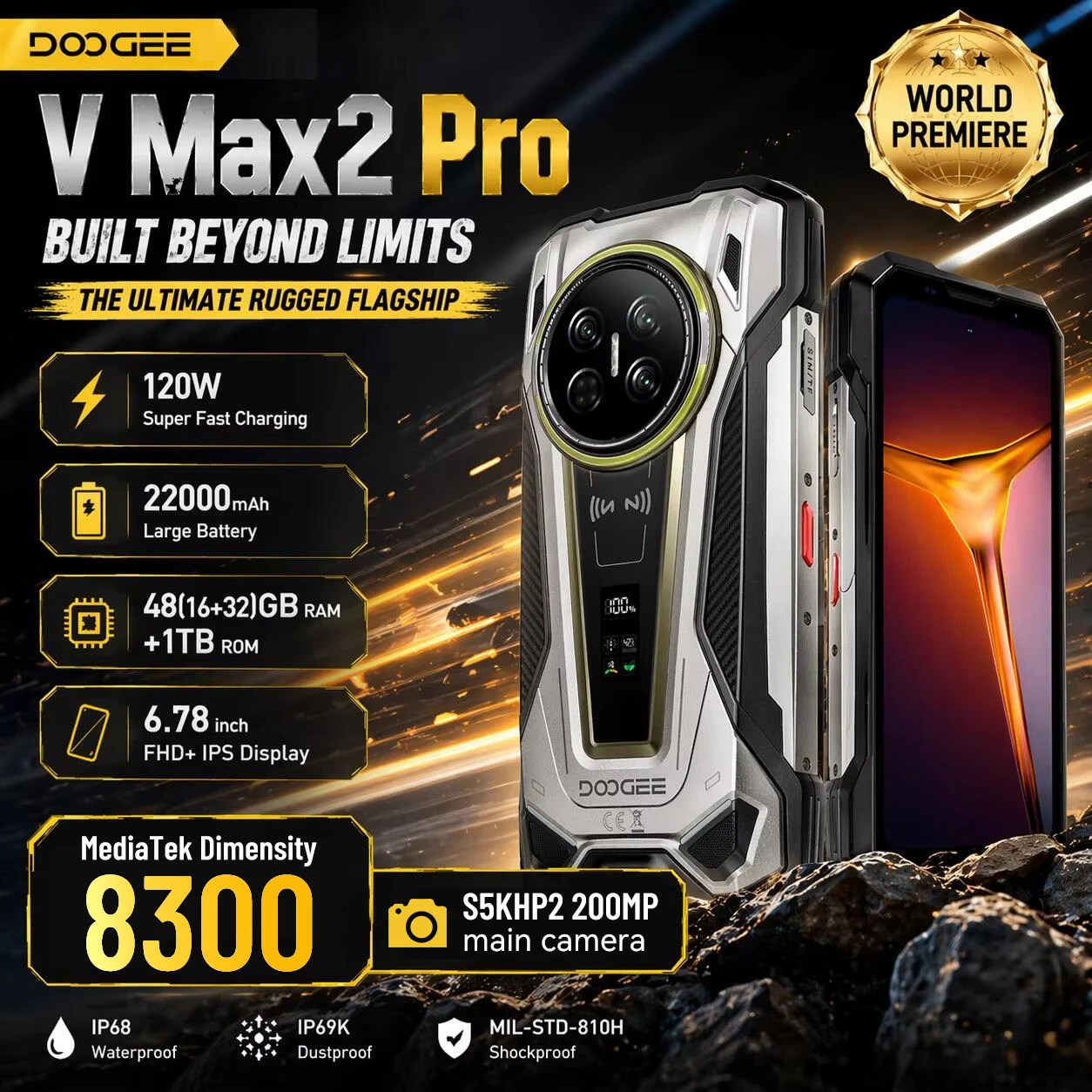 DOOGEE V Max 2 Pro Téléphone Robuste, Première Mondiale, Écran 6,78 pouces, 48GB(16+32) RAM + 1TB ROM, Grande Batterie 22000mAh, Android 16, Lampes de Camping Doubles avec Effet Lumineux, Double
