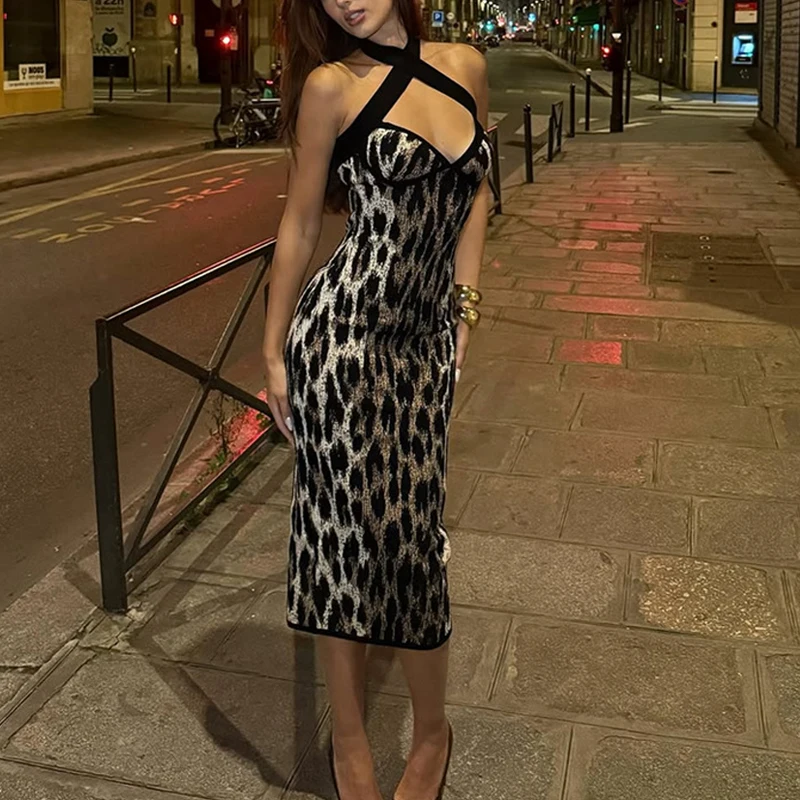 Nowa Modna Seksowna Sukienka Damska z Dekoltem U, na Ramiączkach, Długa, Seksowny Panterkowy Wzór, Bez Pleców, Bez Rękawów, Dopasowana, Letnia, Elegancka Sukienka