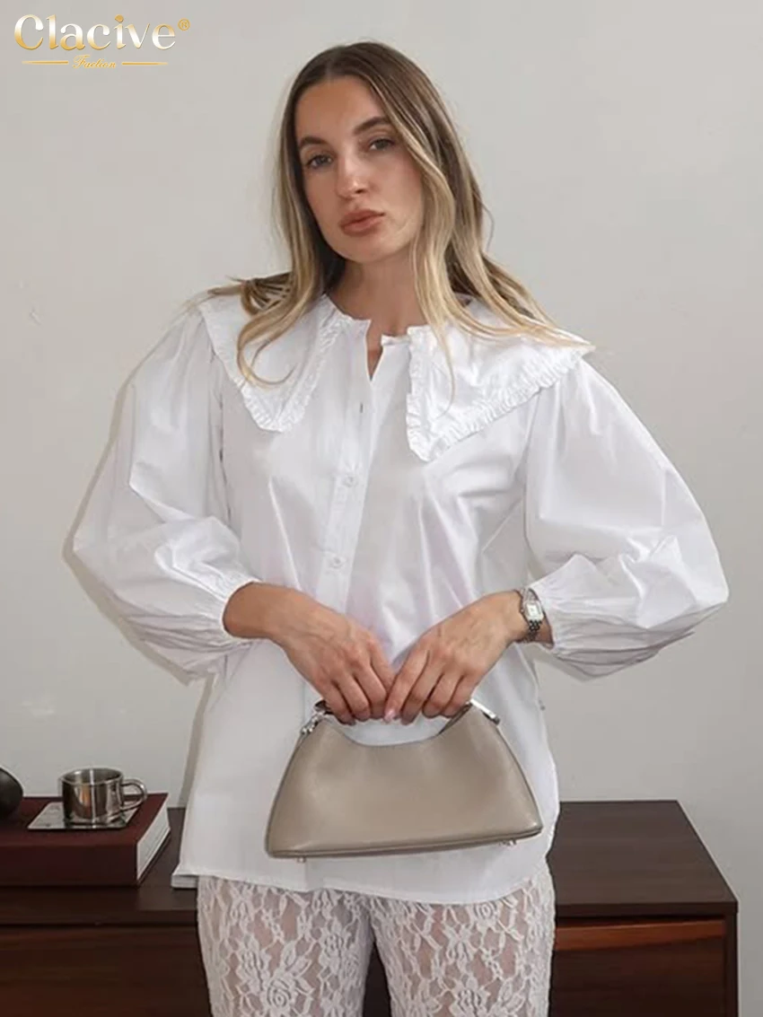 

Clacive Fashion Loose White Women's Blouse 2025 Casual Lapel Long Sleeve Lady Shirt Elegant Classic Solid Top Female Clothing