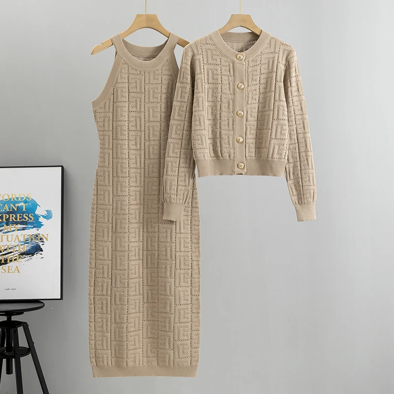 Conjuntos de falda para mujer, cárdigan de punto coreano + vestido largo sin mangas, conjuntos de dos piezas, Otoño e Invierno