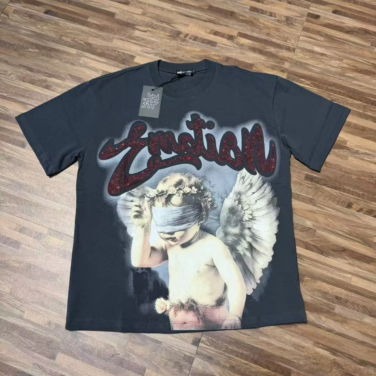 Mixed Emotion Angel Print Loose Fit Pure Cotton T-Shirt Short Sleeve Glittering Youth Fashion Streetwear Citywalk Daily Wear
