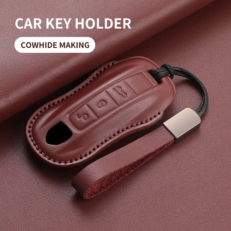 

Top Layer Leather Car Key Case Cover Shell for Porsche 718 Cayenne Panamera 911 Macan Taycan Cayman Boxster Car Key Accessories