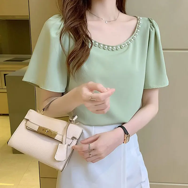 Women Loose Short Sleeve Chiffon Tops, Monochromatic, O-neck, Temperament, Office Lady, Casual Simplicity Fashion Summer Clothes