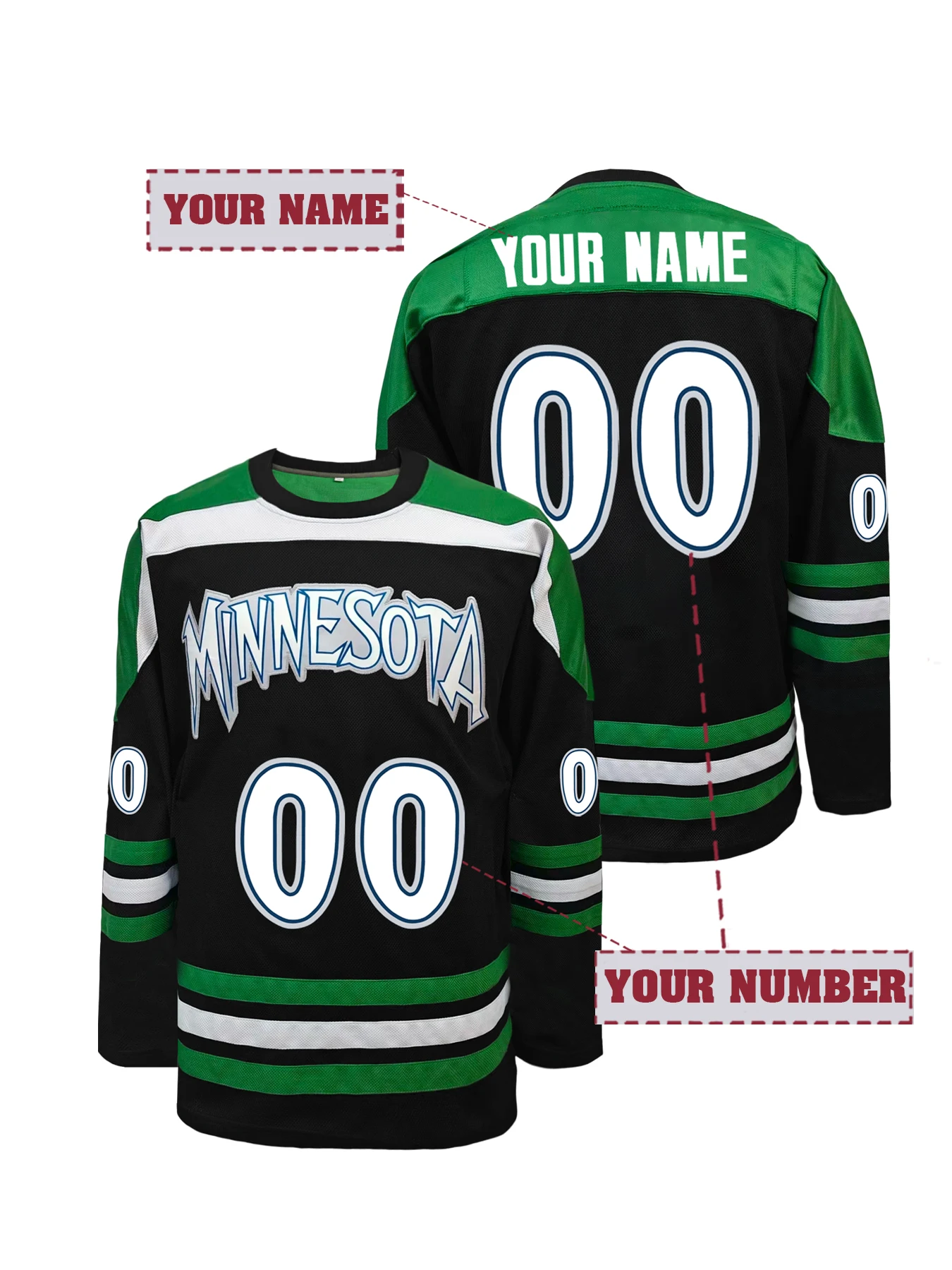 

Custom Embroidered Minnesota Themed Hockey Jersey, Personalized Name Number Black Green Stitched Ice Hockey Uniform for Men