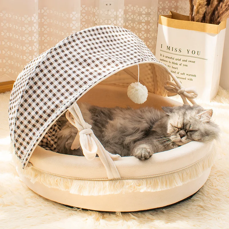 

New High-End Semi-Enclosed Cat Cradle Bed, All-Season Warm Removable Washable Cat Cave Sofa, Cozy Pet Nest for Indoor Cats