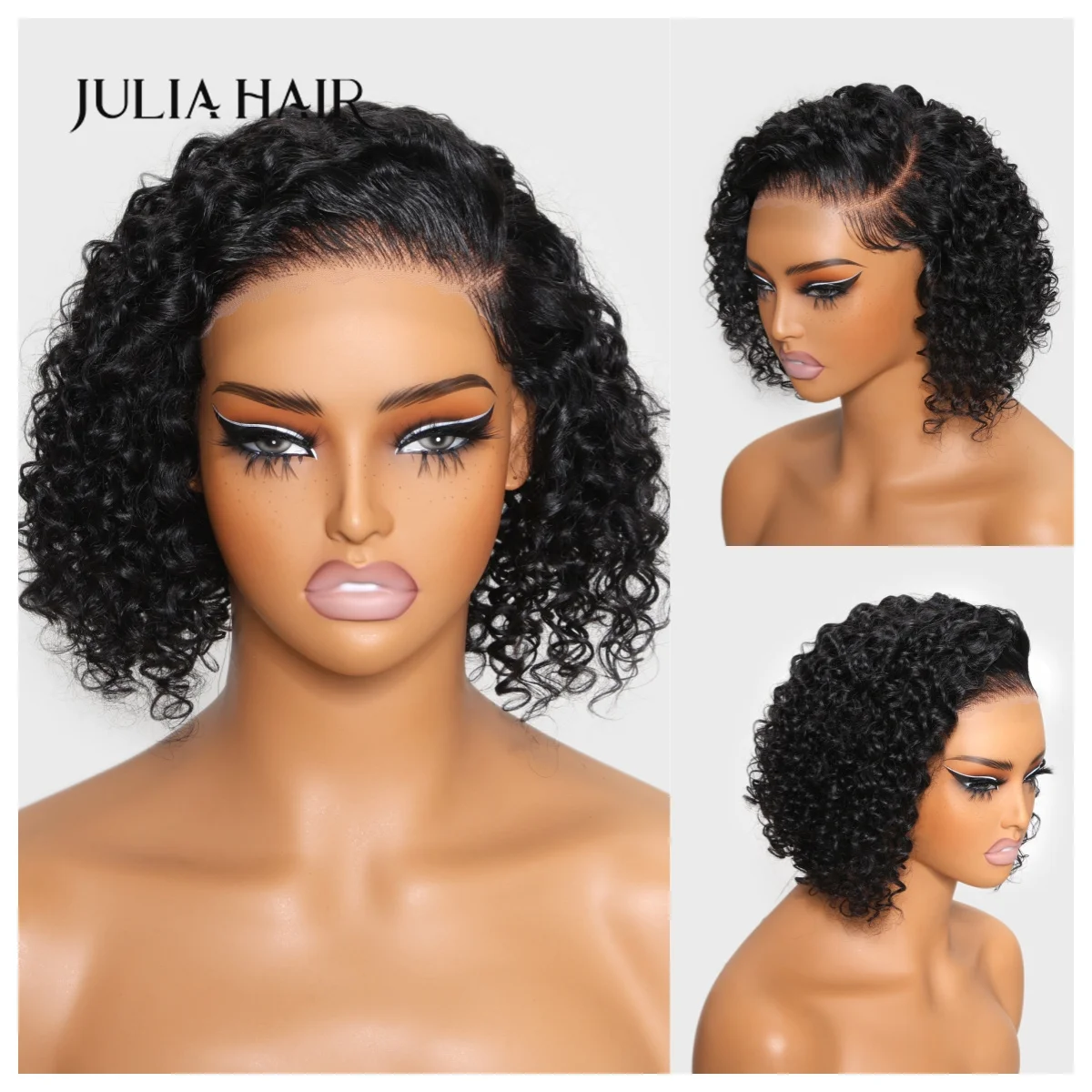 Julia Hair 7x5 Bye-bye Knots Lace Closure Side Part Wig Short Curly Bob Wig Pre Cut Lace Glueless Curly Bob Human Hair Wig 150%