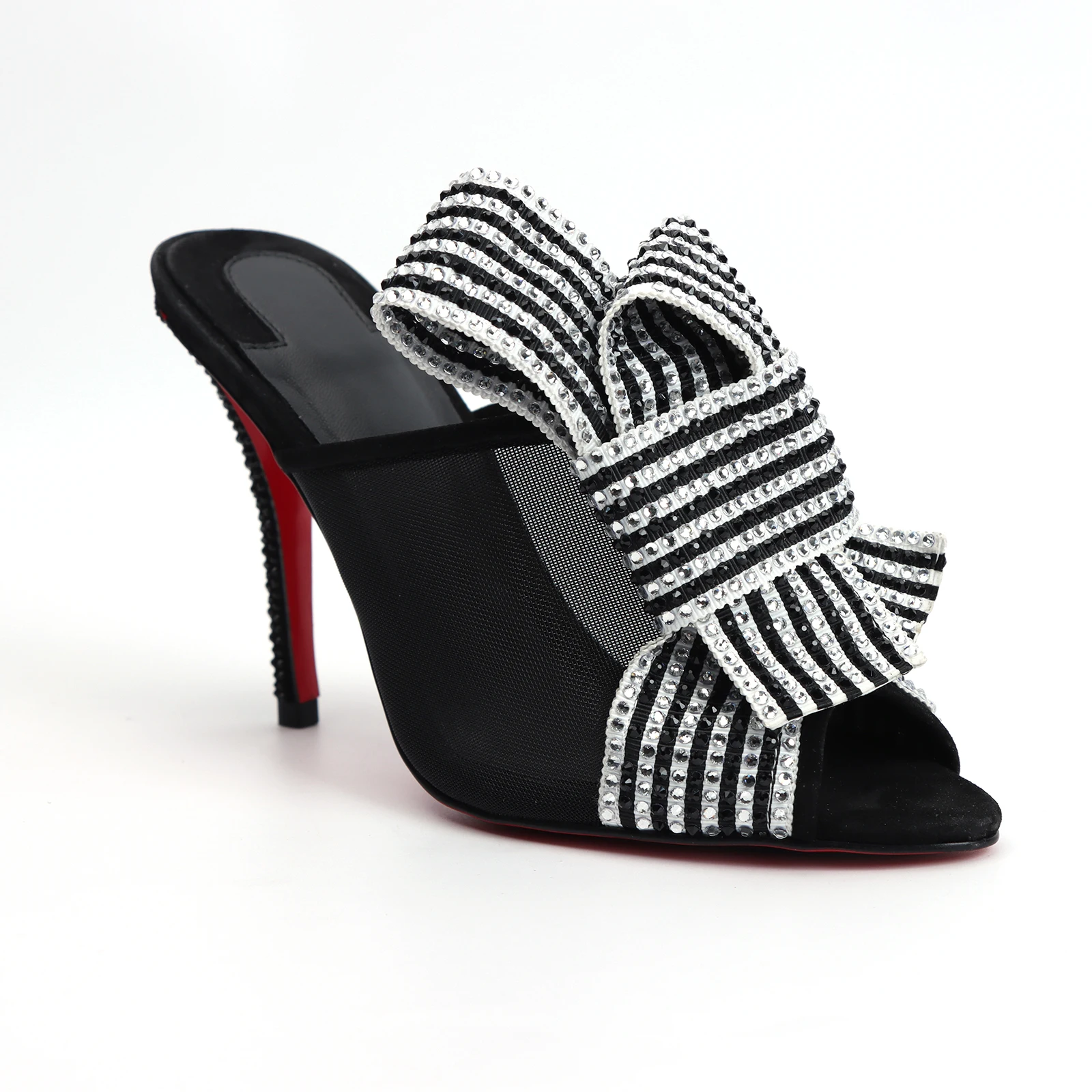 Women's Open Toe Mesh Mule Heels, Rhinestone Striped Bow Stiletto Sandals Red Bottom Sparkly High Heel Party Wedding Dress Shoes