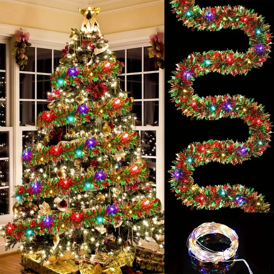 5M/16FT Christmas Tinsel Garland with LED Lights for Tree Hanging Room Decor Party Favor Christmas Supplies Festive Decor