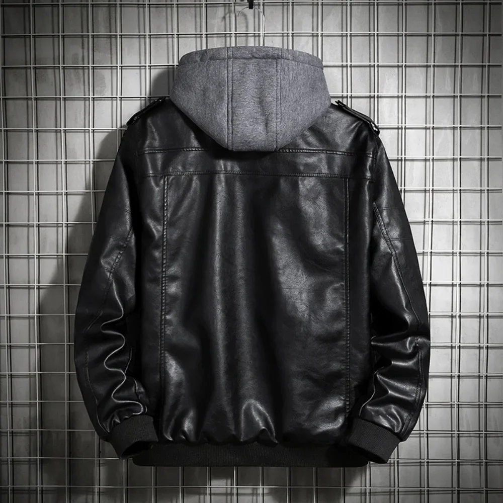 New Removable Cap Leather Jacket Men\'s Autumn and Winter PU Leather Jacket Coat in The Youth Men\'s Biker Wind Men\'s Leather Coat