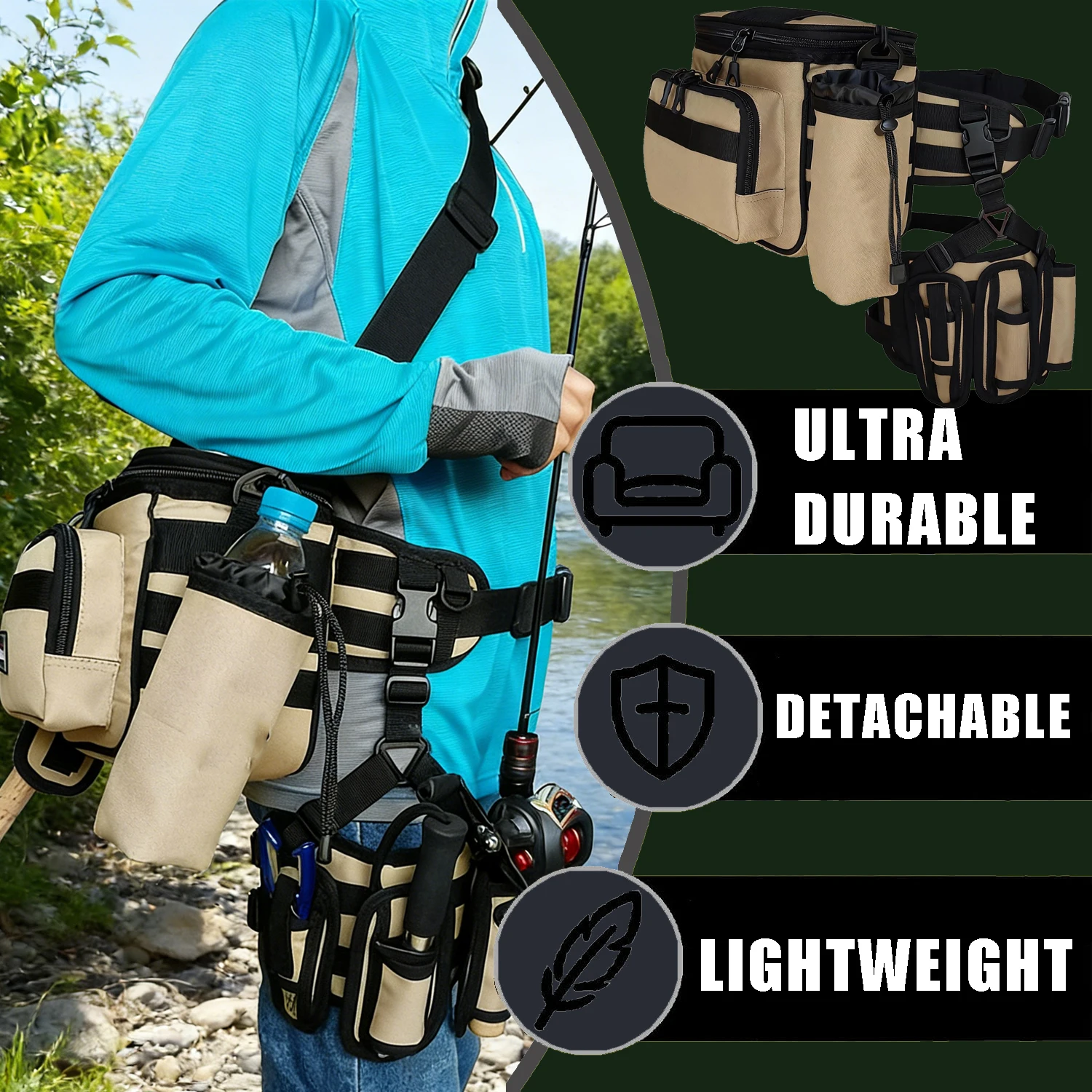 Multifunctional Fishing Tackle Bags with MOLLE System & Water Bottle Holder Fish Lures Gear Utility Storage Fishing Waist Pack