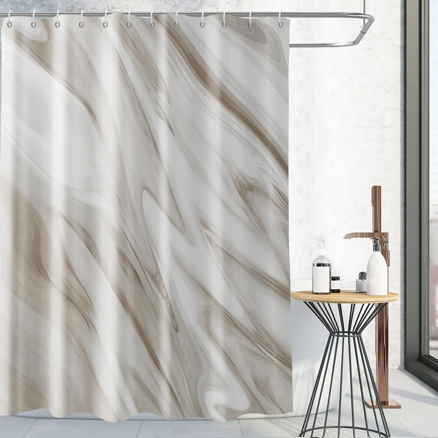 Brown Marble Shower Curtain,Grey Brown Modern Abstract Wave Luxury Bathroom Curtain Bathtub Home Decor Waterproof Fabric Machine