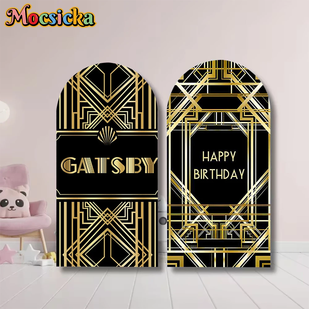 

Двусторонний арочный фон Mocsicka Happy Birthday для дня рождения и детского праздника, черно-золотой, в стиле Гэтсби, реквизит для фотостудии