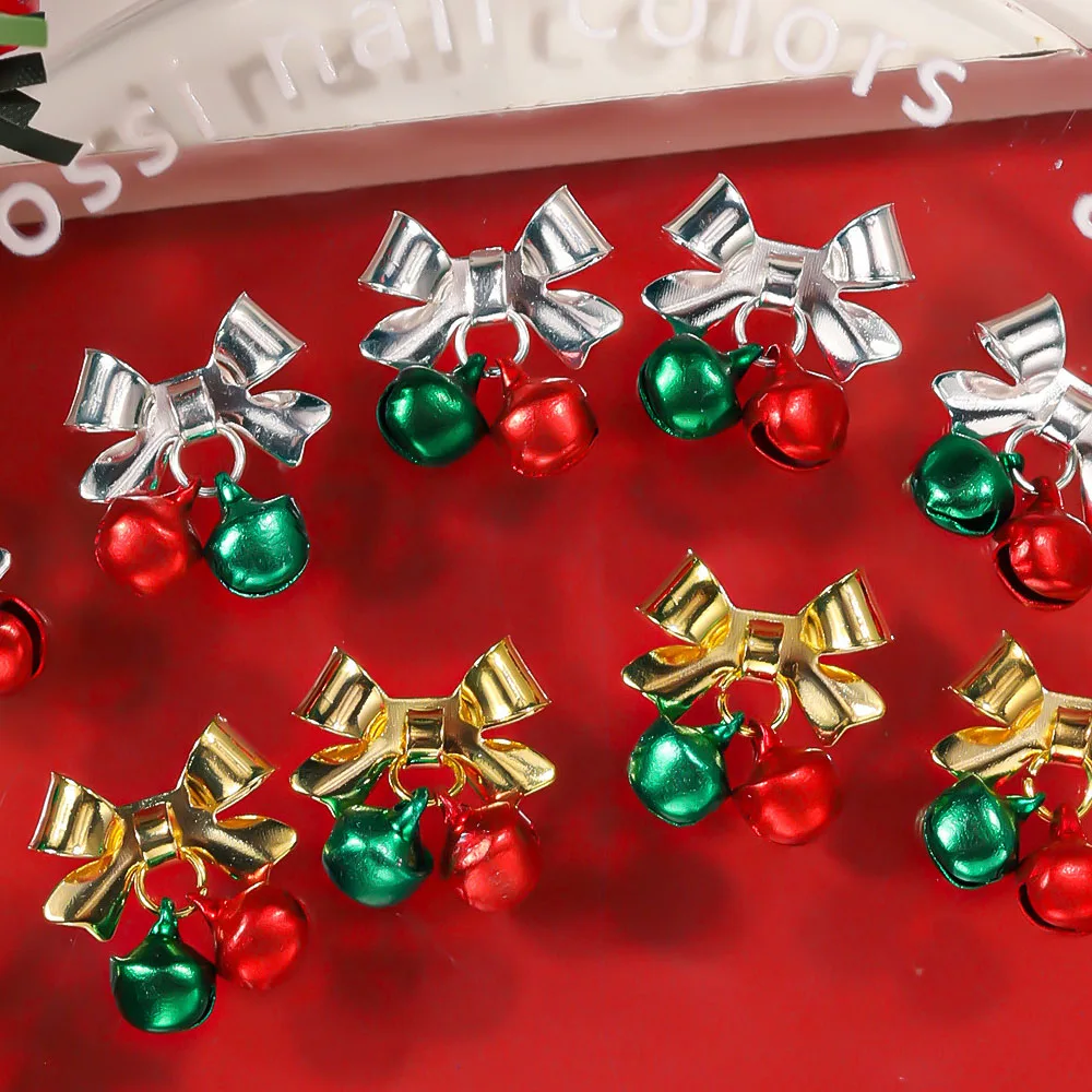 Cloche à nœud papillon de noël 3D, 6 grilles, breloques pour ongles, alliage rouge/vert, pendentif, décorations pour Nail Art, cloche de noël, accessoire pour ongles à faire soi-même