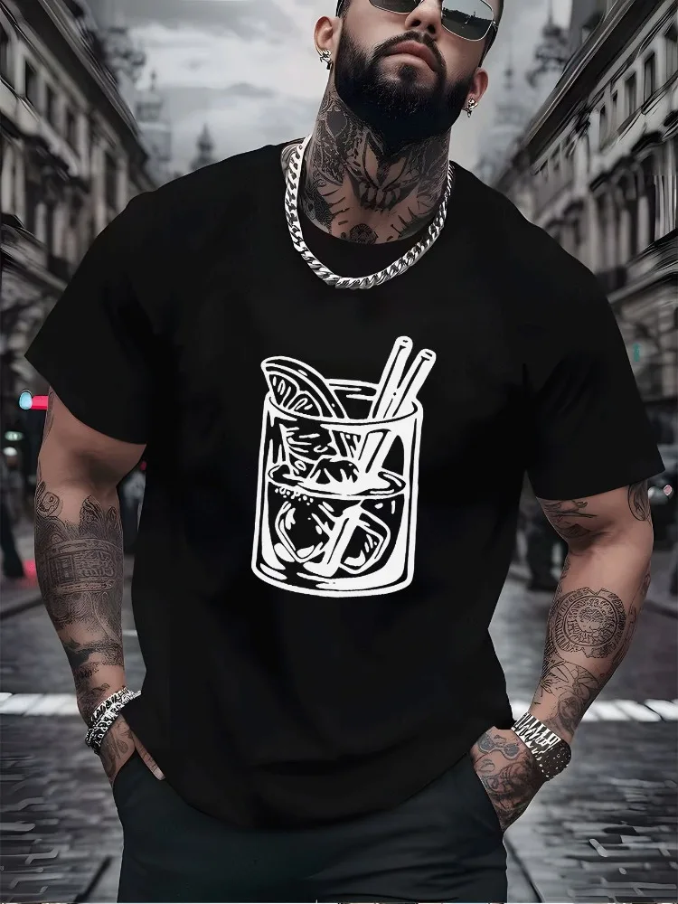 Men Summer Crew Neck Short Sleeve T Shirt Cocktail Glass Line Graphic Print Casual Loose Streetwear Daily Fashion Tops For Men