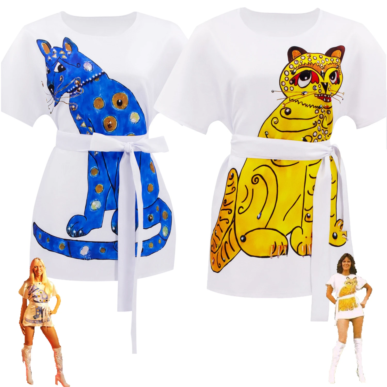 

70s Disco Pop Star Inspired T-Shirt Dress, Anni/Agnetha Style Cat Print Belted Mini Dress Women's Retro Cosplay & Themed Parties