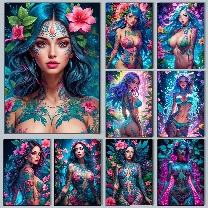 Floral Cyberpunk Girls Tattoos Posters Beautiful Flower Fashion Sexy Anime Girl Canvas Print Painting Home Bedroom Decor Gifts