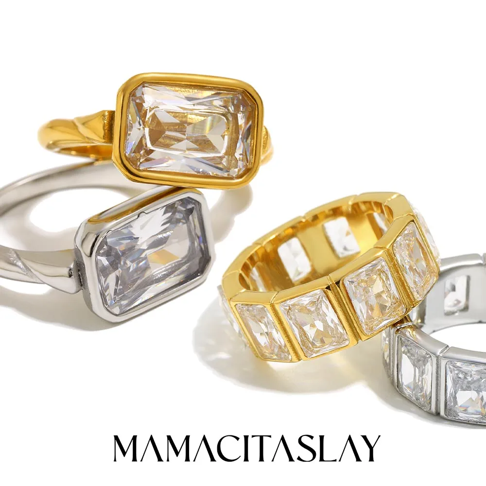 MamacitaSlay 316L Edelstahl Quadratischer Zirkon-Ring 18K Vergoldet Wasserdichter Schmuck Luxus-Damenring Hochwertige Geschenke